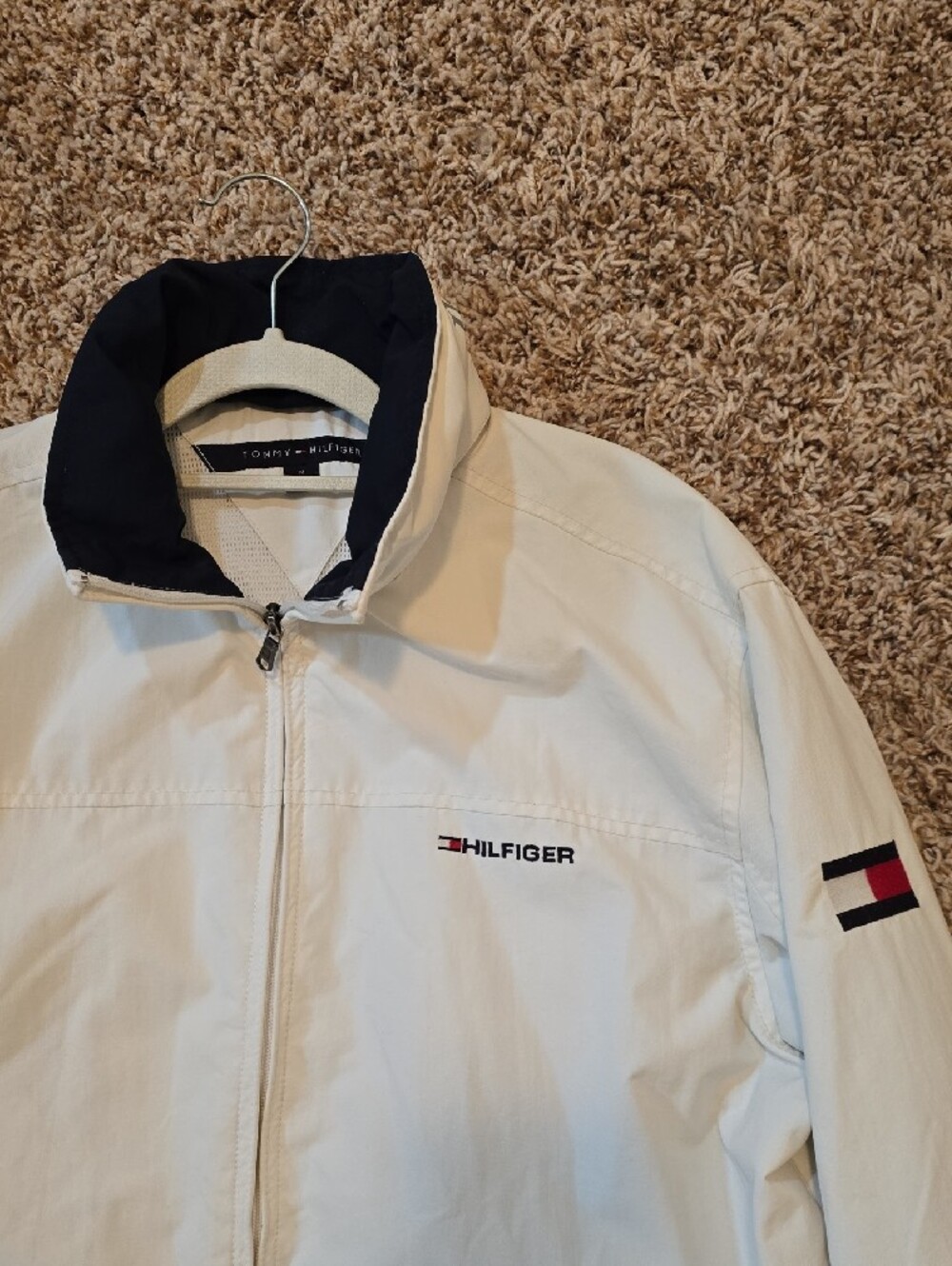 Tommy Hilfiger White Lightweight Zip Jacket with Navy Collar